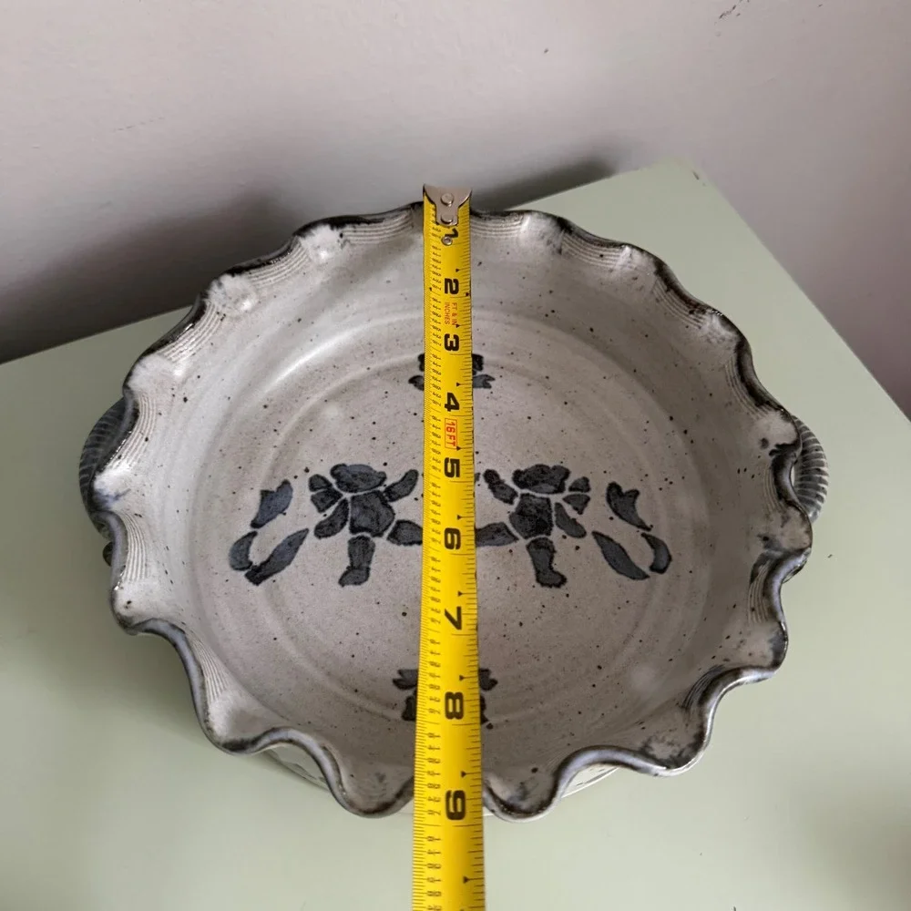 Vintage 1989 Signed Studio Pottery Serving Bowl Scalloped Rim Blue Gray Floral